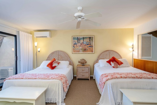 carpeted bedroom featuring ceiling fan and an AC wall unit