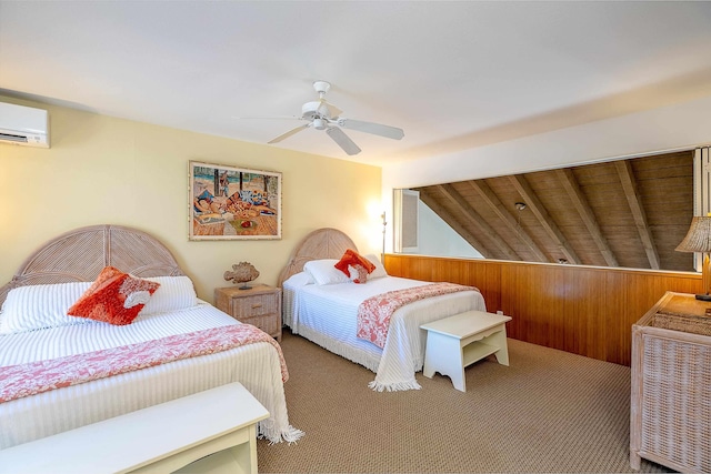 bedroom featuring wood walls, ceiling fan, a wall mounted air conditioner, and carpet floors