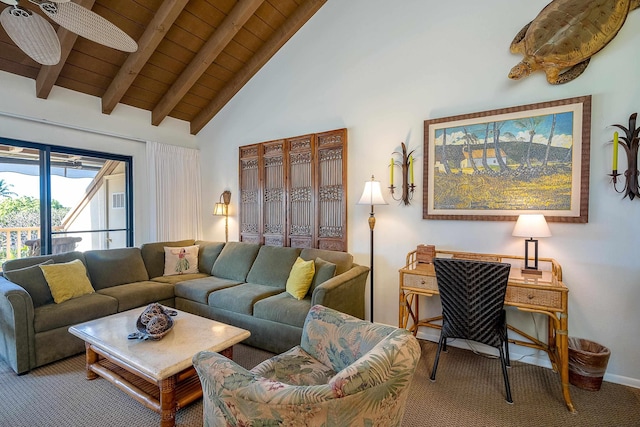 carpeted living room with high vaulted ceiling, wooden ceiling, ceiling fan, and beamed ceiling