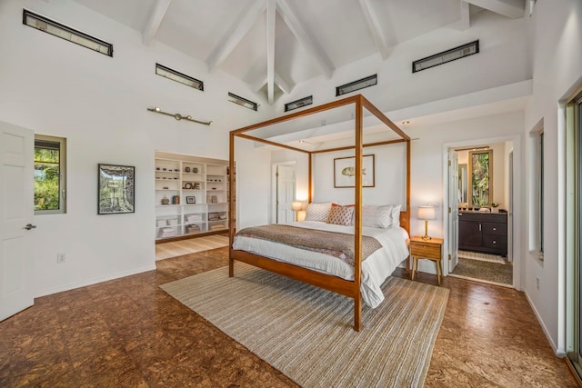 bedroom featuring high vaulted ceiling, multiple windows, tile patterned flooring, and beamed ceiling