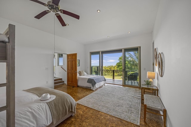 bedroom with access to outside, recessed lighting, and ceiling fan