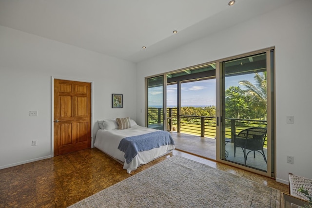bedroom with recessed lighting, baseboards, and access to outside