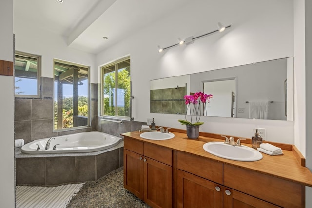 bathroom featuring a sink, a garden tub, and double vanity