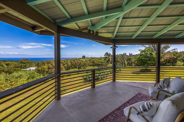 view of patio / terrace with a water view and a balcony