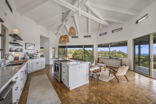 kitchen featuring high vaulted ceiling, a sink, stainless steel appliances, white cabinets, and hanging light fixtures