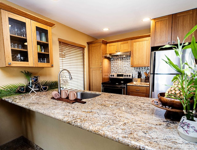 kitchen featuring light stone counters, sink, backsplash, and stainless steel appliances