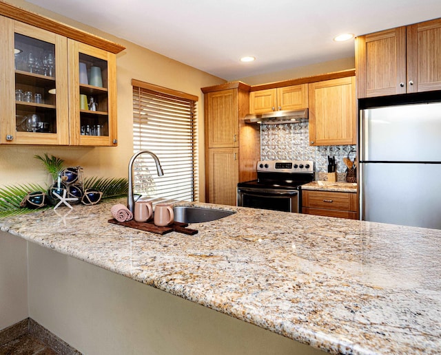 kitchen with light stone countertops, appliances with stainless steel finishes, sink, and decorative backsplash