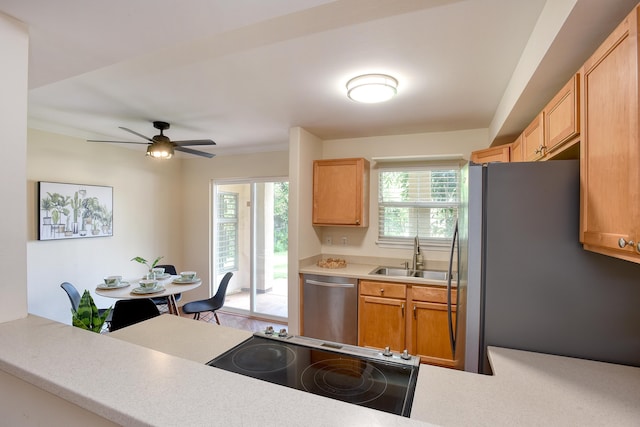 kitchen featuring ceiling fan, a healthy amount of sunlight, appliances with stainless steel finishes, and sink