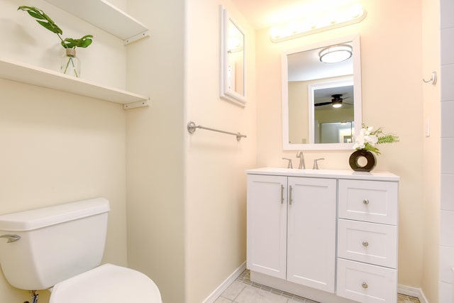 bathroom with vanity, toilet, tile patterned floors, and ceiling fan