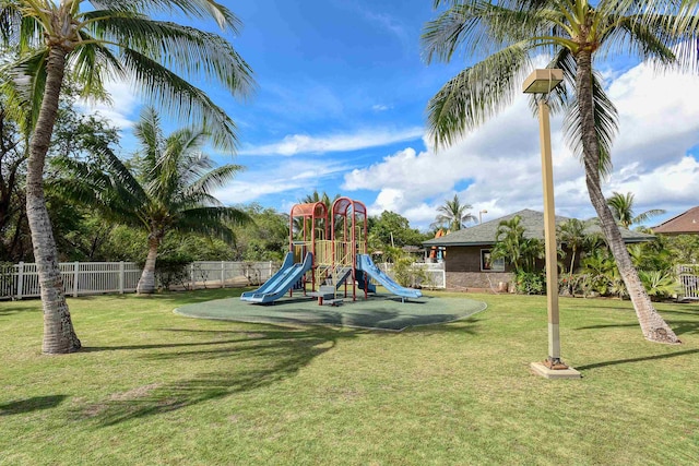 view of playground featuring a lawn