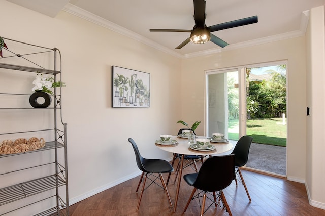 dining space with ornamental molding, hardwood / wood-style floors, and ceiling fan