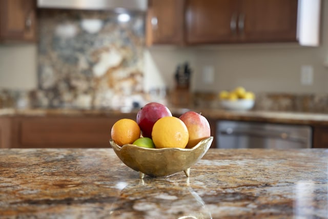 room details featuring brown cabinetry and stainless steel dishwasher