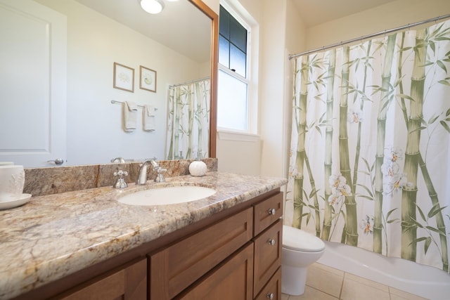 bathroom with toilet, tile patterned floors, shower / bath combination with curtain, and vanity