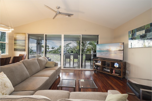 living room featuring a ceiling fan, lofted ceiling, and dark wood finished floors