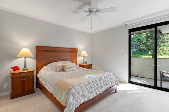 carpeted bedroom with ceiling fan and access to exterior