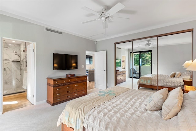 bedroom with access to exterior, ornamental molding, light colored carpet, ceiling fan, and connected bathroom