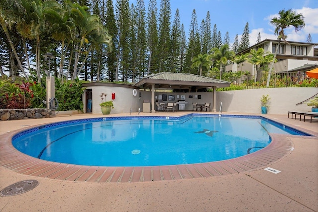 view of pool with an outdoor bar and a grill