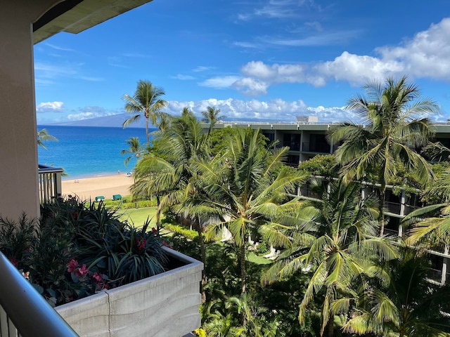 view of water feature with a beach view