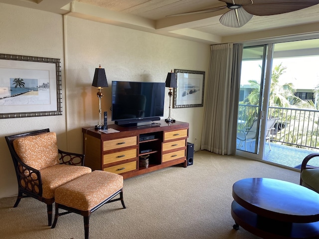 2481 Kaanapali Pkwy Unit 620V, Lahaina, HI 96761 - living area featuring light carpet, ceiling fan, and a textured wall