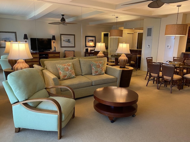 2481 Kaanapali Pkwy Unit 620V, Lahaina, HI 96761 - living room with ceiling fan, light carpet, and beam ceiling