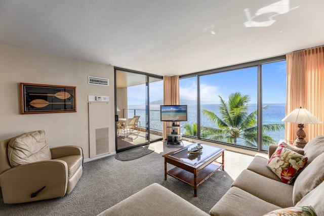 carpeted living room with expansive windows and a water view