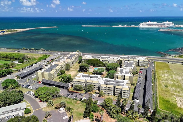 drone / aerial view with a water view