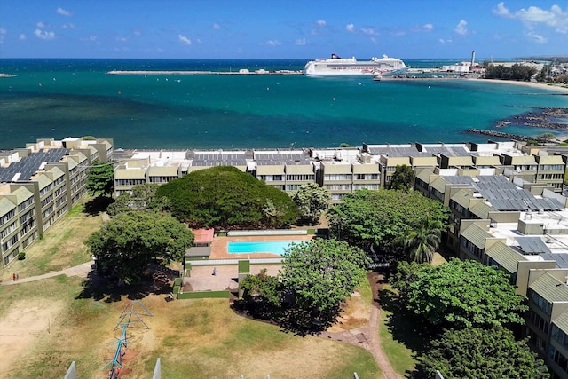 drone / aerial view featuring a water view