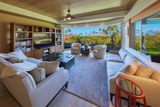 4000 Wailea Alanui Dr Unit 901, Kihei, HI 96753 - living room featuring wood finished floors, a ceiling fan, and wooden ceiling
