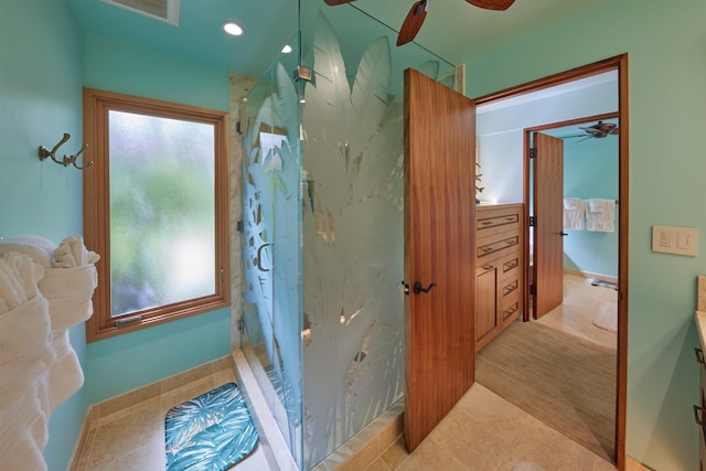 4000 Wailea Alanui Dr Unit 901, Kihei, HI 96753 - full bathroom featuring a ceiling fan, a marble finish shower, tile patterned flooring, vanity, and recessed lighting