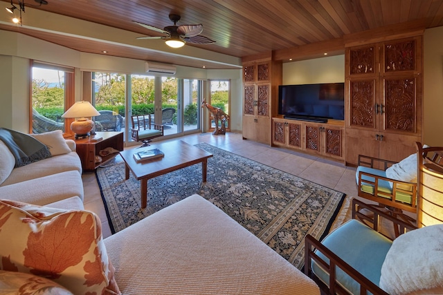 4000 Wailea Alanui Dr Unit 901, Kihei, HI 96753 - tiled living area featuring an AC wall unit, wooden ceiling, healthy amount of natural light, and ceiling fan