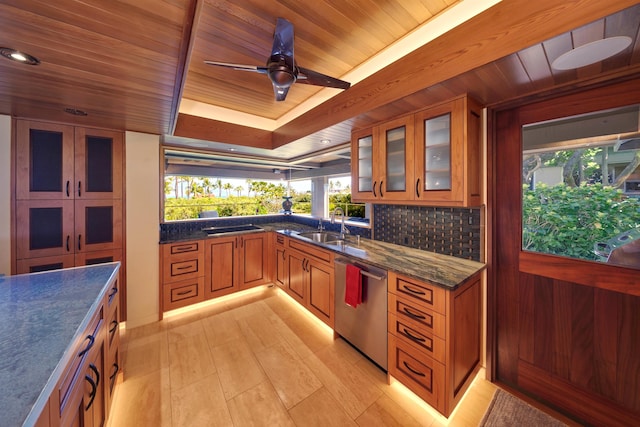 4000 Wailea Alanui Dr Unit 901, Kihei, HI 96753 - kitchen featuring stainless steel dishwasher, wood ceiling, brown cabinetry, glass insert cabinets, and a ceiling fan
