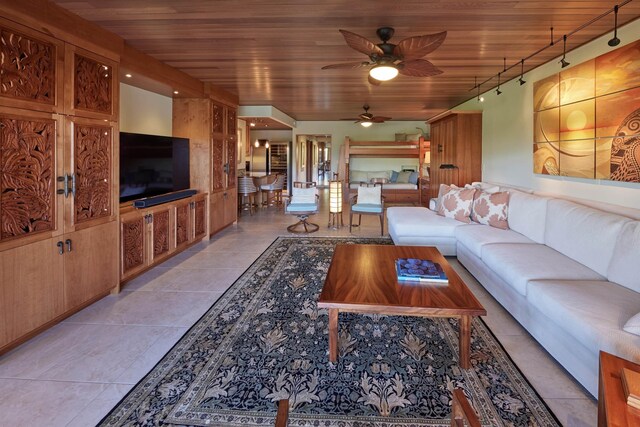 4000 Wailea Alanui Dr Unit 901, Kihei, HI 96753 - living area featuring light tile patterned flooring, a ceiling fan, rail lighting, and wood ceiling