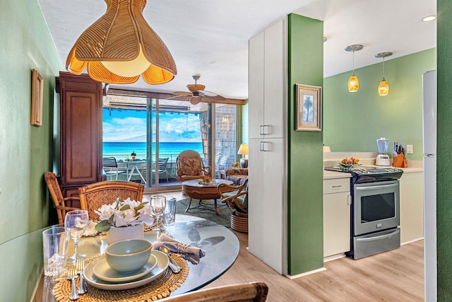 kitchen with pendant lighting, a water view, ceiling fan, light wood-type flooring, and stainless steel appliances