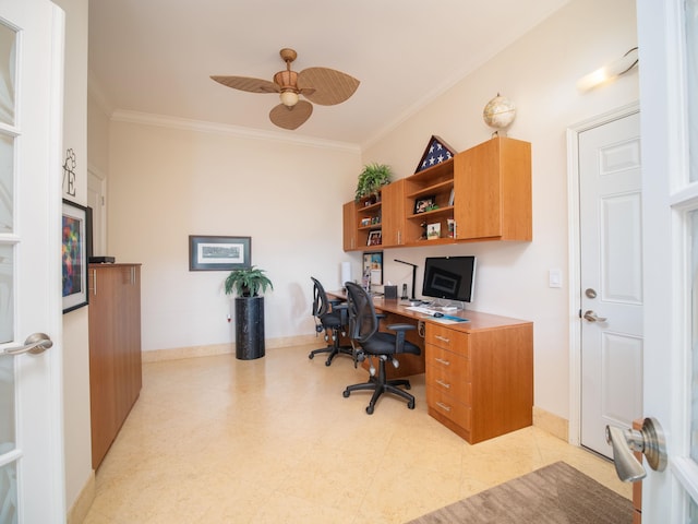 office with ceiling fan and crown molding