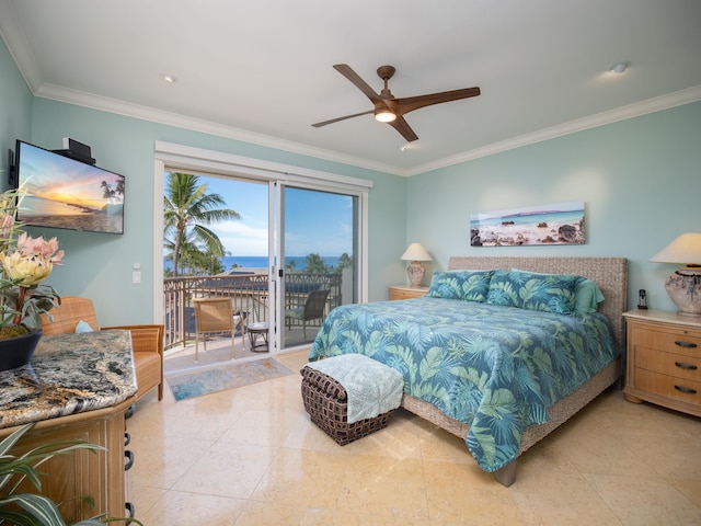 bedroom featuring access to exterior, ceiling fan, and crown molding