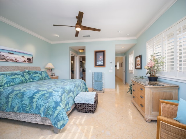 bedroom with a walk in closet, a closet, ceiling fan, and crown molding