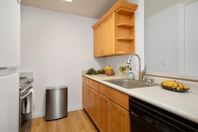 kitchen featuring dishwasher, white refrigerator, electric stove, sink, and light wood-type flooring