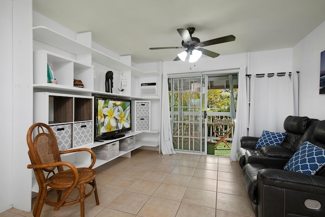 living area with ceiling fan, light tile patterned floors, and a wall mounted AC