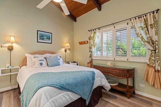 bedroom with lofted ceiling with beams, hardwood / wood-style flooring, and ceiling fan