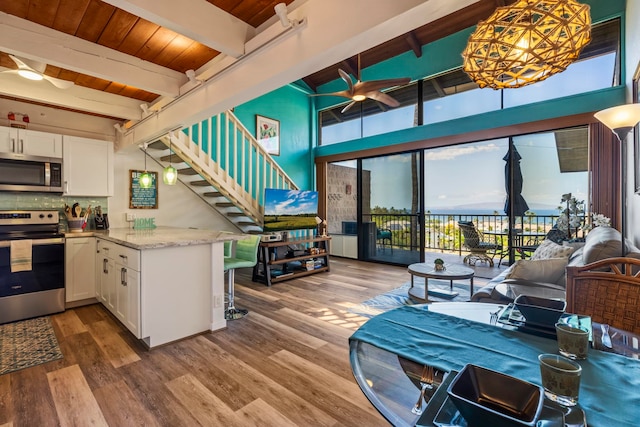 kitchen featuring dark hardwood / wood-style floors, ceiling fan with notable chandelier, appliances with stainless steel finishes, and white cabinets