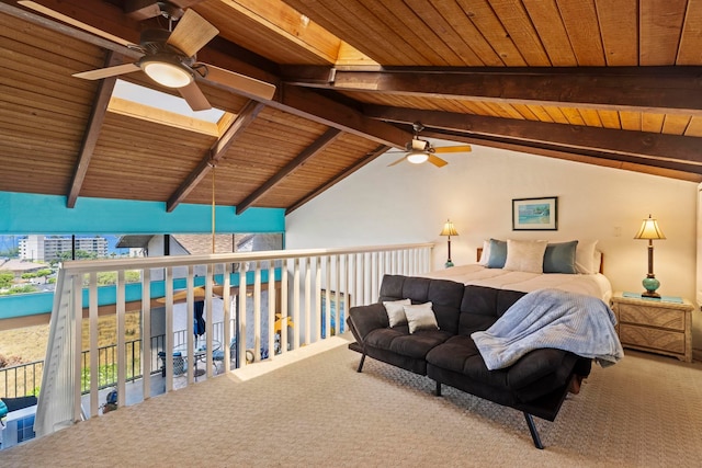 carpeted bedroom with wood ceiling, ceiling fan, vaulted ceiling with beams, and access to outside