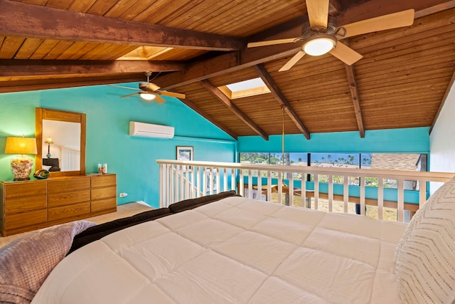 bedroom with wooden ceiling, multiple windows, vaulted ceiling with skylight, and an AC wall unit