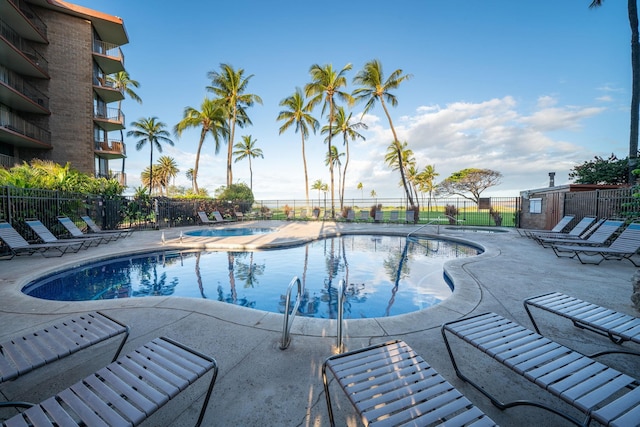 view of pool featuring a community hot tub and a patio