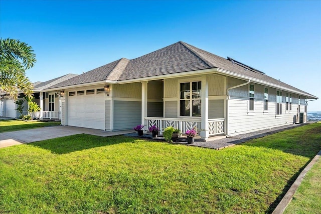 ranch-style house featuring a garage, a porch, a front yard, and central air condition unit