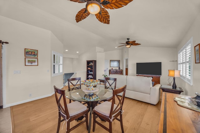 1363 Owaka St, Wailuku, HI 96793 - dining area with ceiling fan, light wood-style floors, lofted ceiling, and recessed lighting