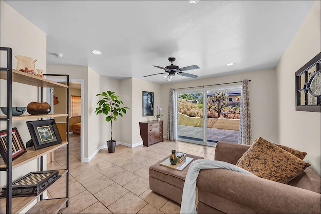 1363 Owaka St, Wailuku, HI 96793 - living room with light tile patterned flooring, a ceiling fan, and recessed lighting
