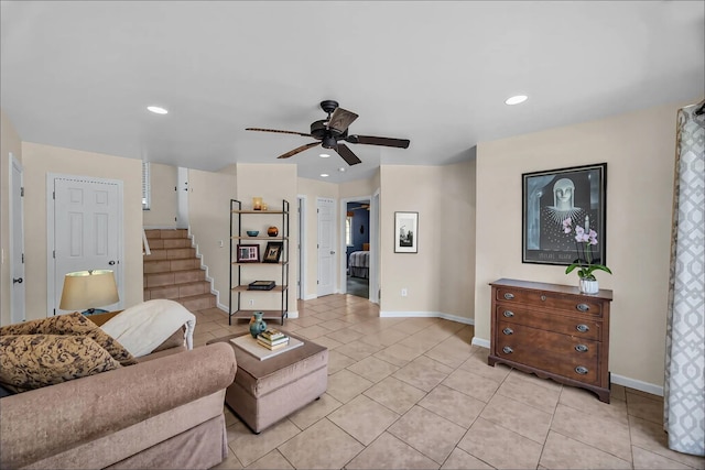 1363 Owaka St, Wailuku, HI 96793 - living area featuring a ceiling fan, light tile patterned flooring, stairway, and recessed lighting