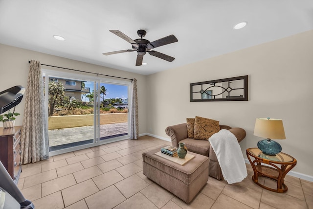 1363 Owaka St, Wailuku, HI 96793 - living room with a ceiling fan, recessed lighting, and light tile patterned floors