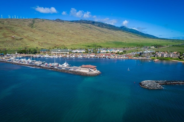 aerial view with a water and mountain view