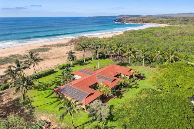 drone / aerial view with a water view and a view of the beach